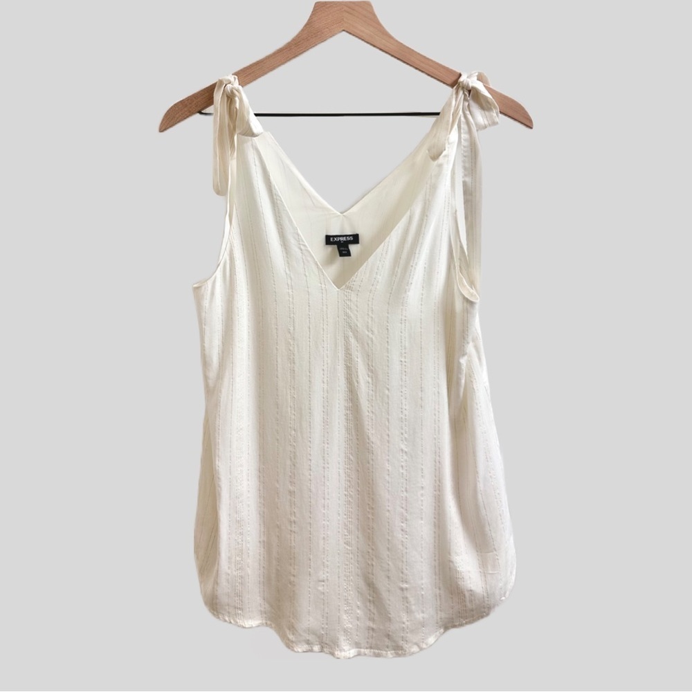 Express Size XXS White And Gold Metallic Stripe Shoulder Tie Blouse